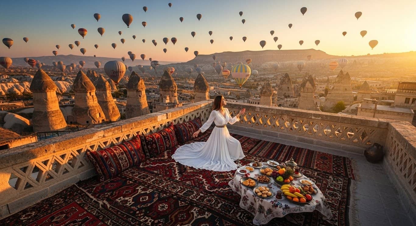 Dakterras-fotoshoot met heteluchtballonnen in Cappadocia