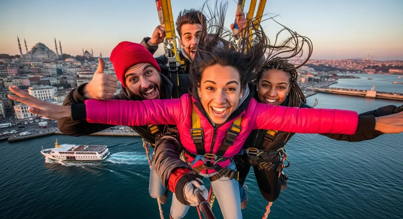 Happy travelers parasailing over Istanbul with beautiful city and Bosphorus view